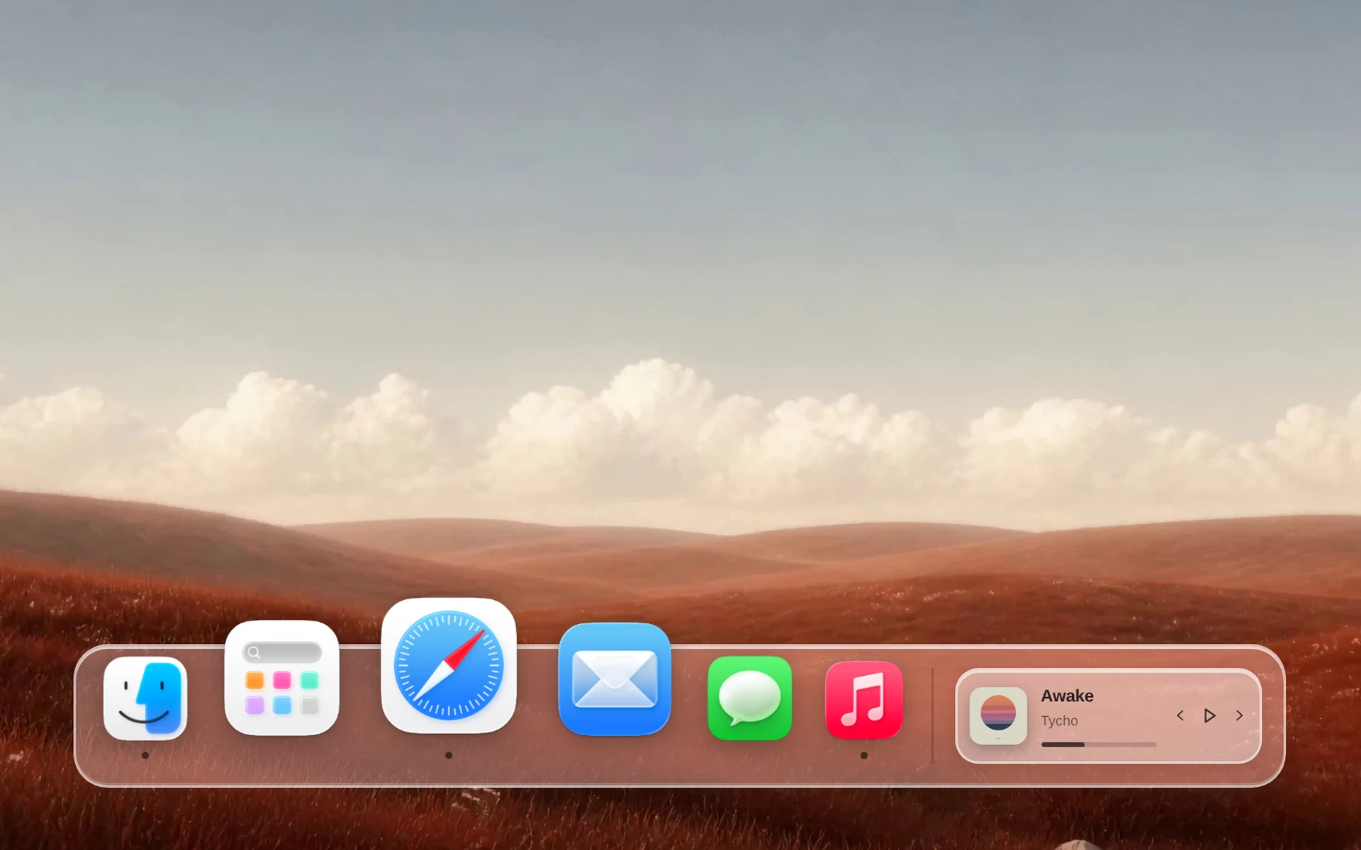 DockFix on a Mac desktop, with app icons magnifying and a music widget inside the Dock.