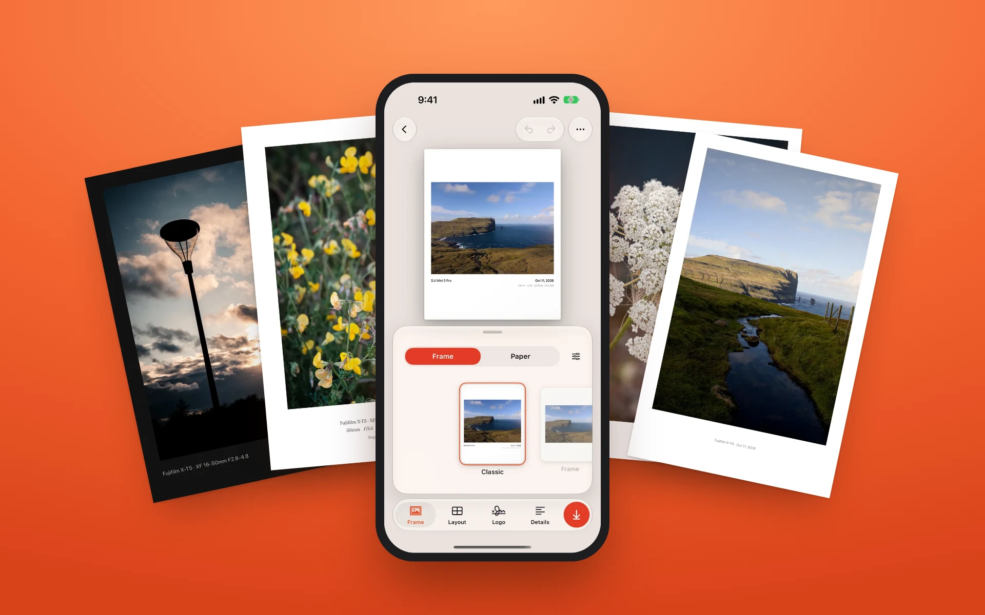 Matte on iPhone, surrounded by framed photo prints.